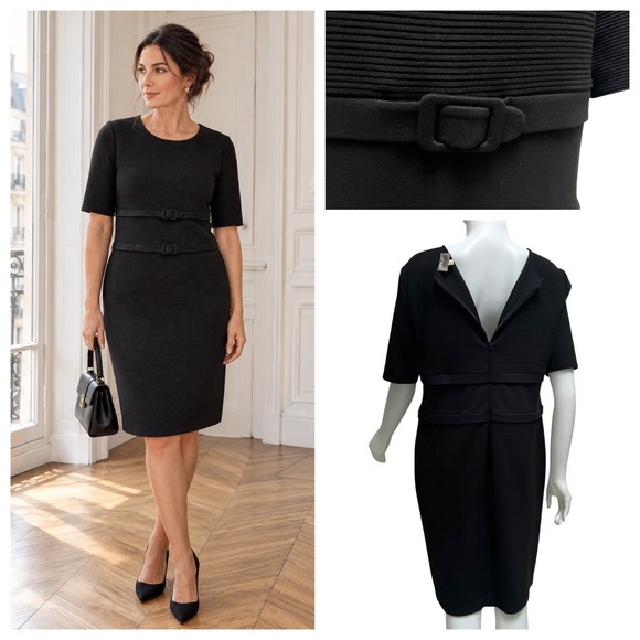 Armani Collezioni Dresses & Skirts - Armani Collezioni Black Ribbed Sheath Dress
Double Buckle Waist LBD Sz 14
Money